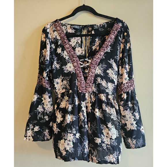 Angie VTG Romper Pockets Women's L Boho Hippie floral print Print - Picture 1 of 5